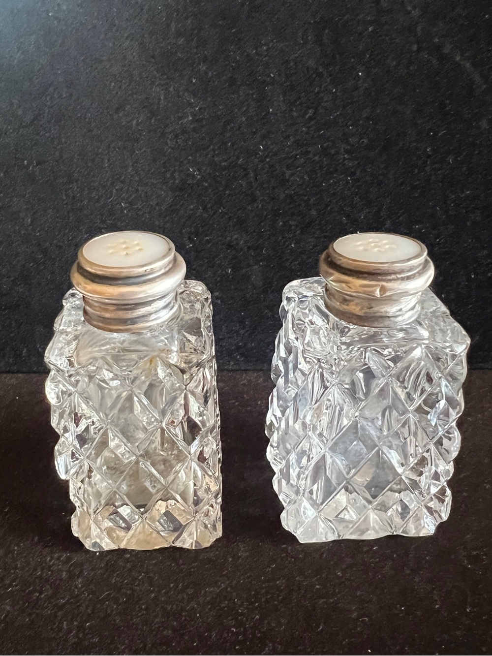 Antique art deco cut glass salt & pepper shakers 3”